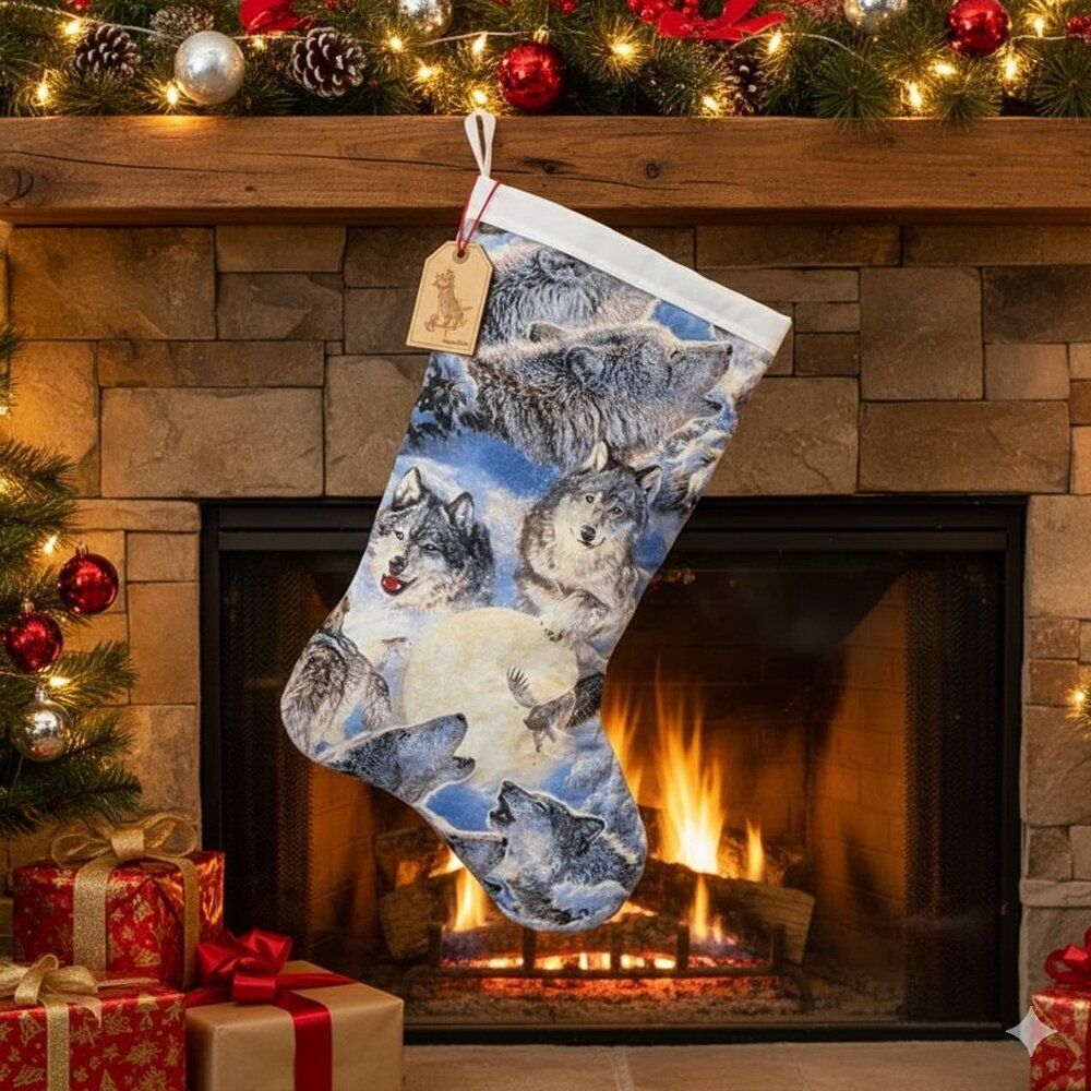 NWOT Handmade Wolf Pack & Full Moon Christmas Stocking - Rustic Wilderness Decor